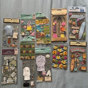 Lot of 11 packs of tropical Hawaii, wedding, doctor scrapbooking stickers